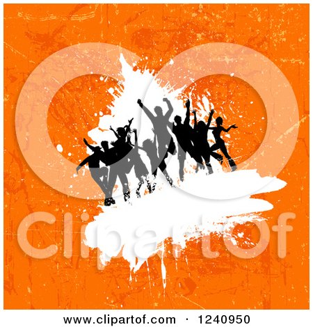 Clipart of Silhouetted Dancers over on White over Orange Grunge - Royalty Free Vector Illustration by KJ Pargeter