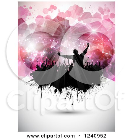 Clipart of a Silhouetted Crowd of Fans Cheering on Grunge over Pink Hexagons - Royalty Free Vector Illustration by KJ Pargeter