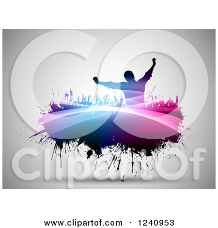 Clipart of a Silhouetted Crowd of Fans Cheering on Colorful Grunge over Gray - Royalty Free Vector Illustration by KJ Pargeter