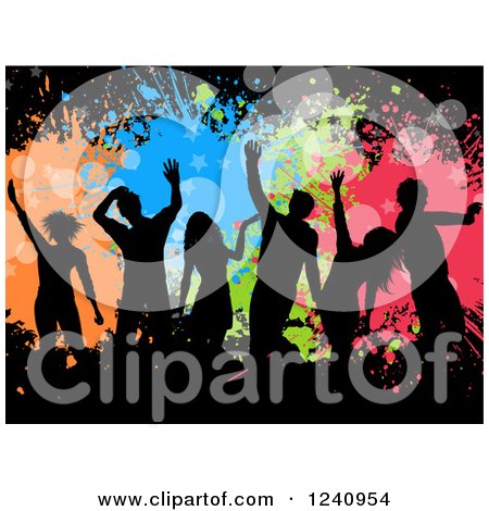 Clipart of Silhouetted Dancers over Colorful Splatters and Stars on Black - Royalty Free Vector Illustration by KJ Pargeter