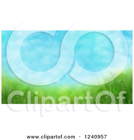 Clipart of a Wet Rained on Window with a View of Sky and Grass - Royalty Free Illustration by KJ Pargeter