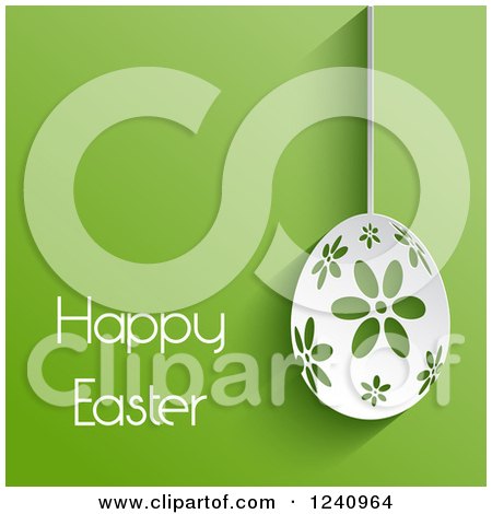 Clipart of a White Happy Easter Greeting with a Suspended Floral Egg on Green - Royalty Free Vector Illustration by KJ Pargeter