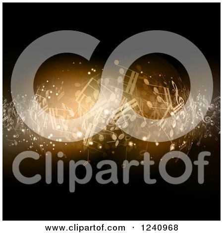 Clipart of a Golden Glowing Wave of Music Notes on Black - Royalty Free Vector Illustration by KJ Pargeter