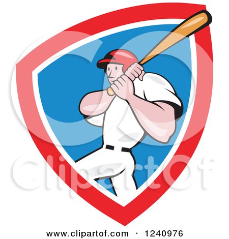 Clipart of a Swinging Cartoon Baseball Player in a Shield - Royalty Free Vector Illustration by patrimonio