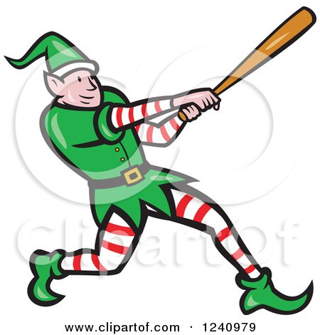 Clipart of a Cartoon Elf Swinging a Baseball Bat - Royalty Free Vector Illustration by patrimonio