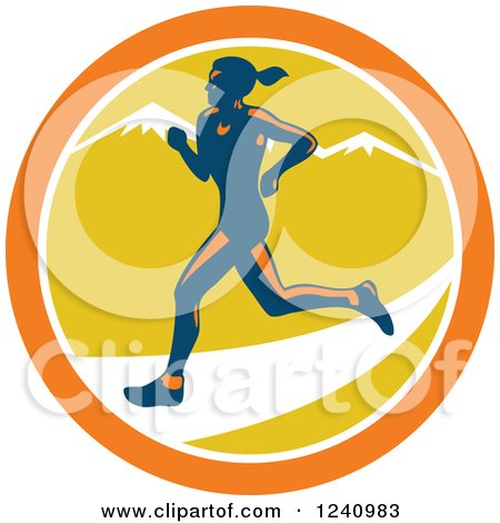 Clipart of a Female Marathon Runner in a Circle of Muntains - Royalty Free Vector Illustration by patrimonio
