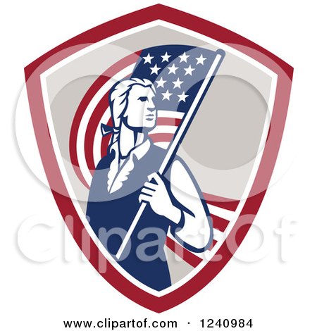 Clipart of a Retro Patriot with a Flag in a Shield - Royalty Free Vector Illustration by patrimonio