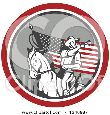 Clipart of an American Cavalry Soldier Playing a Trumpet on Horseback over an American Flag - Royalty Free Vector Illustration by patrimonio