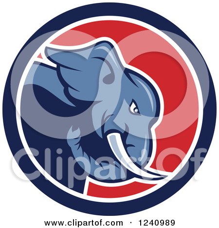 Clipart of a Tough Elephant in a Red White and Blue Circle - Royalty Free Vector Illustration by patrimonio