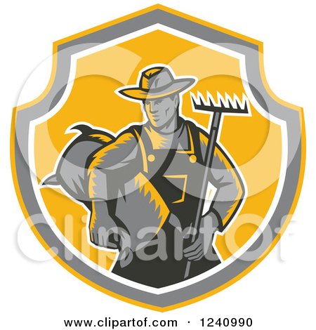 Clipart of a Retro Woodcut Farmer with a Rake and Bag of Seed in a Shield - Royalty Free Vector Illustration by patrimonio