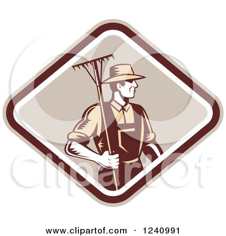 Clipart of a Retro Woodcut Farmer with a Rake in a Diamond - Royalty Free Vector Illustration by patrimonio