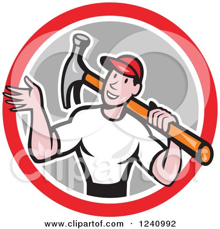 Clipart of a Cartoon Handyman Waving and Carrying a Hammer in a Circle - Royalty Free Vector Illustration by patrimonio