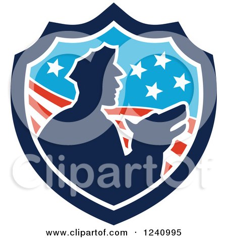 Clipart of a Silhouetted Officer and Security Dog in an American Shield - Royalty Free Vector Illustration by patrimonio