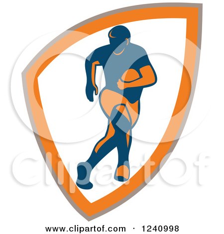 Clipart of a Blue and Orange Rugby Player in a Shield - Royalty Free Vector Illustration by patrimonio