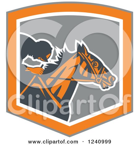 Clipart of a Retro Jockey Racing a Horse in a Gray and Orange Shield - Royalty Free Vector Illustration by patrimonio