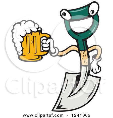 Clipart of a Shovel Character Holding Beer - Royalty Free Vector Illustration by patrimonio