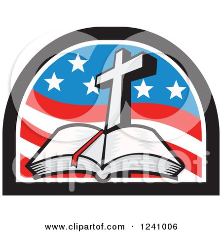 Clipart of a Christian Cross And Open Bible in an American Flag Arch - Royalty Free Vector Illustration by patrimonio