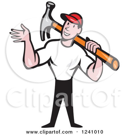Clipart of a Cartoon Handyman Waving and Carrying a Hammer - Royalty Free Vector Illustration by patrimonio