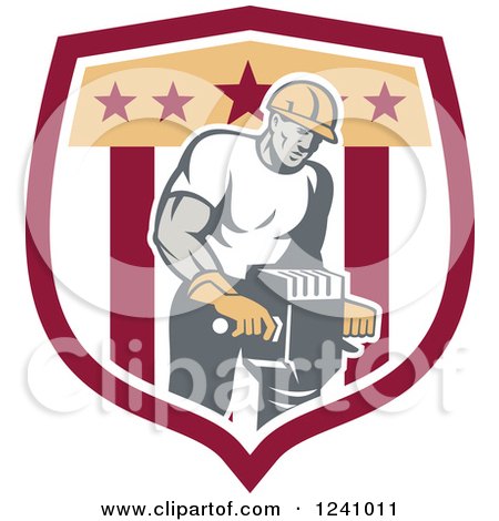 Clipart of a Strong Worker Operating a Jackhammer in a Shield - Royalty Free Vector Illustration by patrimonio