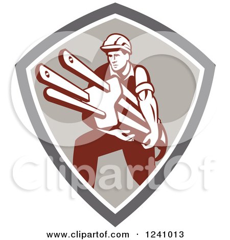 Clipart of a Retro Male Electrician Carrying a Plug in a Shield - Royalty Free Vector Illustration by patrimonio