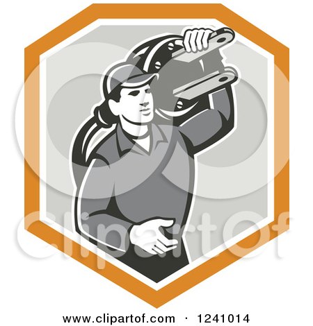 Clipart of a Retro Male Electrician Carrying a Plug in a Gray and Orange Shield - Royalty Free Vector Illustration by patrimonio
