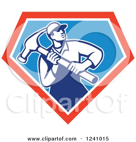 Clipart of a Retro Male Carpenter with a Giant Hammer in a Triangle - Royalty Free Vector Illustration by patrimonio