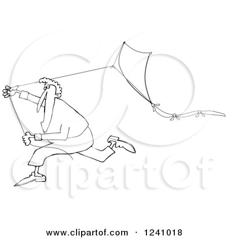 Clipart of a Black and White Man Running with a Kite - Royalty Free Vector Illustration by djart