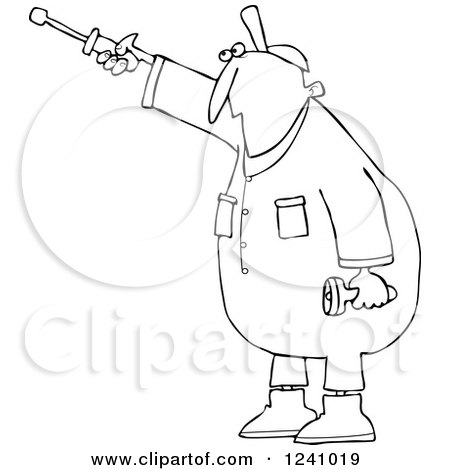 Clipart of a Black and White Worker Man Pointing with a Nut Driver - Royalty Free Vector Illustration by djart