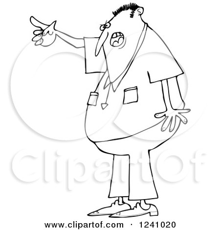Clipart of a Black and White Angry Man Yelling and Pointing - Royalty Free Vector Illustration by djart