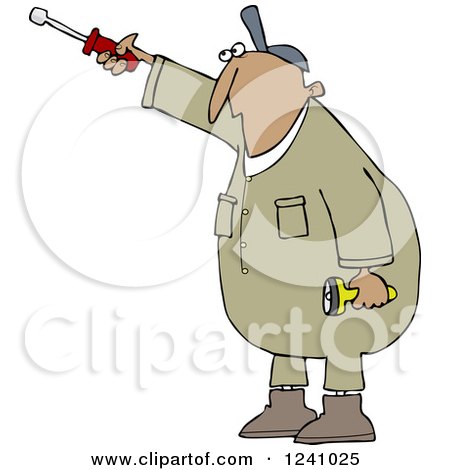 Clipart of a Hispanic Worker Man Pointing with a Nut Driver - Royalty Free Vector Illustration by djart