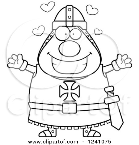 Clipart of a Black and White Chubby Knight Templar with Open Arms and Hearts - Royalty Free Vector Illustration by Cory Thoman