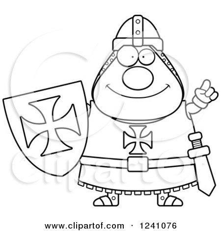 Clipart of a Black and White Smart Chubby Knight Templar with an Idea - Royalty Free Vector Illustration by Cory Thoman