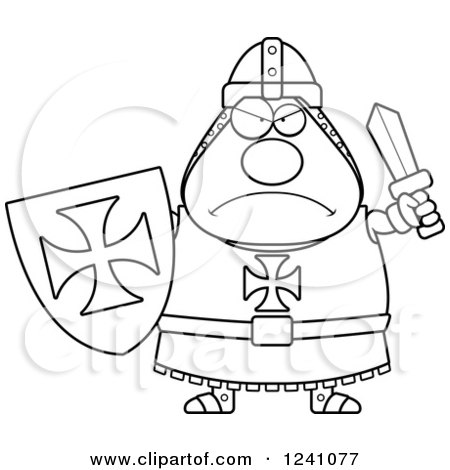 Clipart of a Black and White Mad Chubby Knight Templar Ready for Battle - Royalty Free Vector Illustration by Cory Thoman