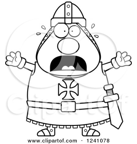 Clipart of a Black and White Scared Screaming Chubby Knight Templar - Royalty Free Vector Illustration by Cory Thoman