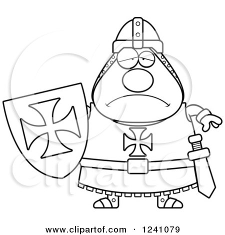 Clipart of a Black and White Depressed Sad Chubby Knight Templar - Royalty Free Vector Illustration by Cory Thoman