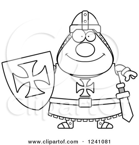 Clipart of a Black and White Happy Chubby Knight Templar - Royalty Free Vector Illustration by Cory Thoman