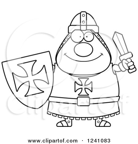 Clipart of a Black and White Happy Chubby Knight Templar Holding a Sword and Shield - Royalty Free Vector Illustration by Cory Thoman