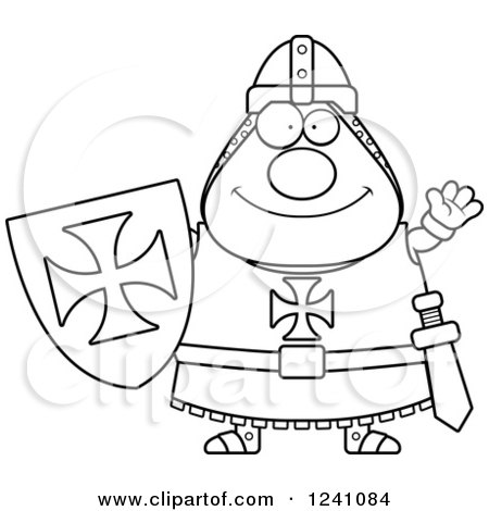 Clipart of a Black and White Friendly Waving Chubby Knight Templar - Royalty Free Vector Illustration by Cory Thoman