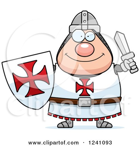 Clipart of a Happy Chubby Knight Templar Holding a Sword and Shield - Royalty Free Vector Illustration by Cory Thoman