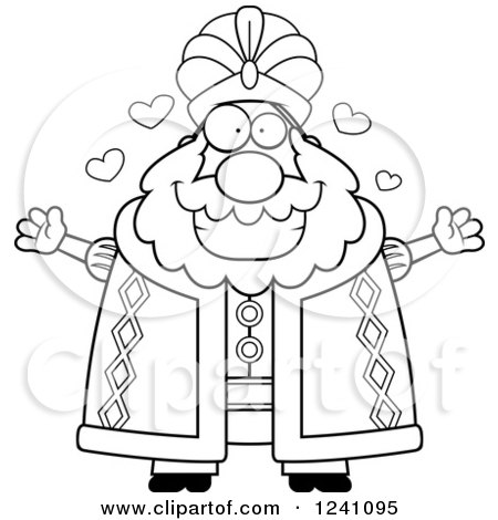 Clipart of a Black and White Chubby Sultan with Open Arms and Hearts - Royalty Free Vector Illustration by Cory Thoman