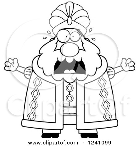 Clipart of a Black and White Scared Screaming Chubby Sultan - Royalty Free Vector Illustration by Cory Thoman