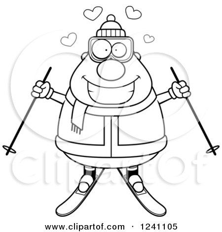 Clipart of a Black and White Chubby Male Skier with Hearts - Royalty Free Vector Illustration by Cory Thoman