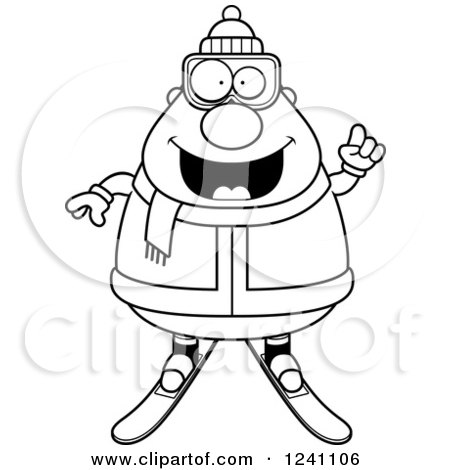 Clipart of a Black and White Smart Chubby Male Skier with an Idea - Royalty Free Vector Illustration by Cory Thoman