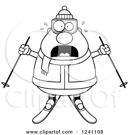 Clipart of a Black and White Scared Screaming Chubby Male Skier - Royalty Free Vector Illustration by Cory Thoman