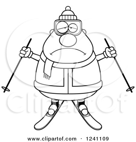 Clipart of a Black and White Depressed Sad Chubby Male Skier - Royalty Free Vector Illustration by Cory Thoman