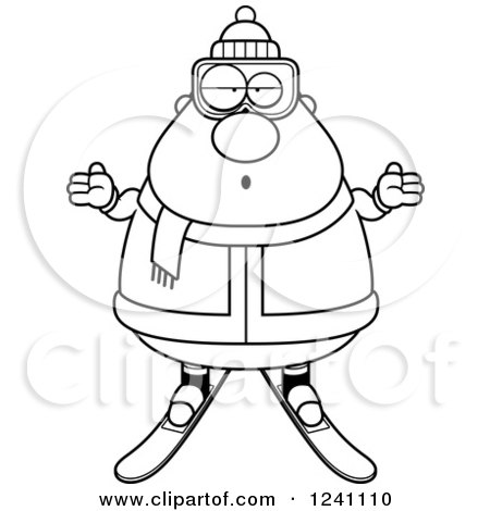 Clipart of a Black and White Careless Shrugging Chubby Male Skier - Royalty Free Vector Illustration by Cory Thoman