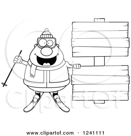 Clipart of a Black and White Chubby Male Skier with Wooden Signs - Royalty Free Vector Illustration by Cory Thoman