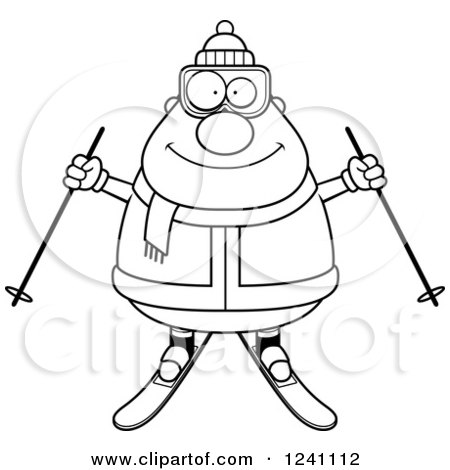 Clipart of a Black and White Happy Chubby Male Skier - Royalty Free Vector Illustration by Cory Thoman