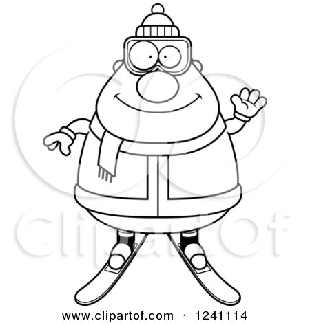 Clipart of a Black and White Friendly Waving Chubby Male Skier - Royalty Free Vector Illustration by Cory Thoman