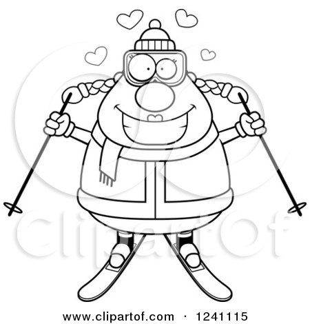 Clipart of a Black and White Chubby Female Skier - Royalty Free Vector Illustration by Cory Thoman